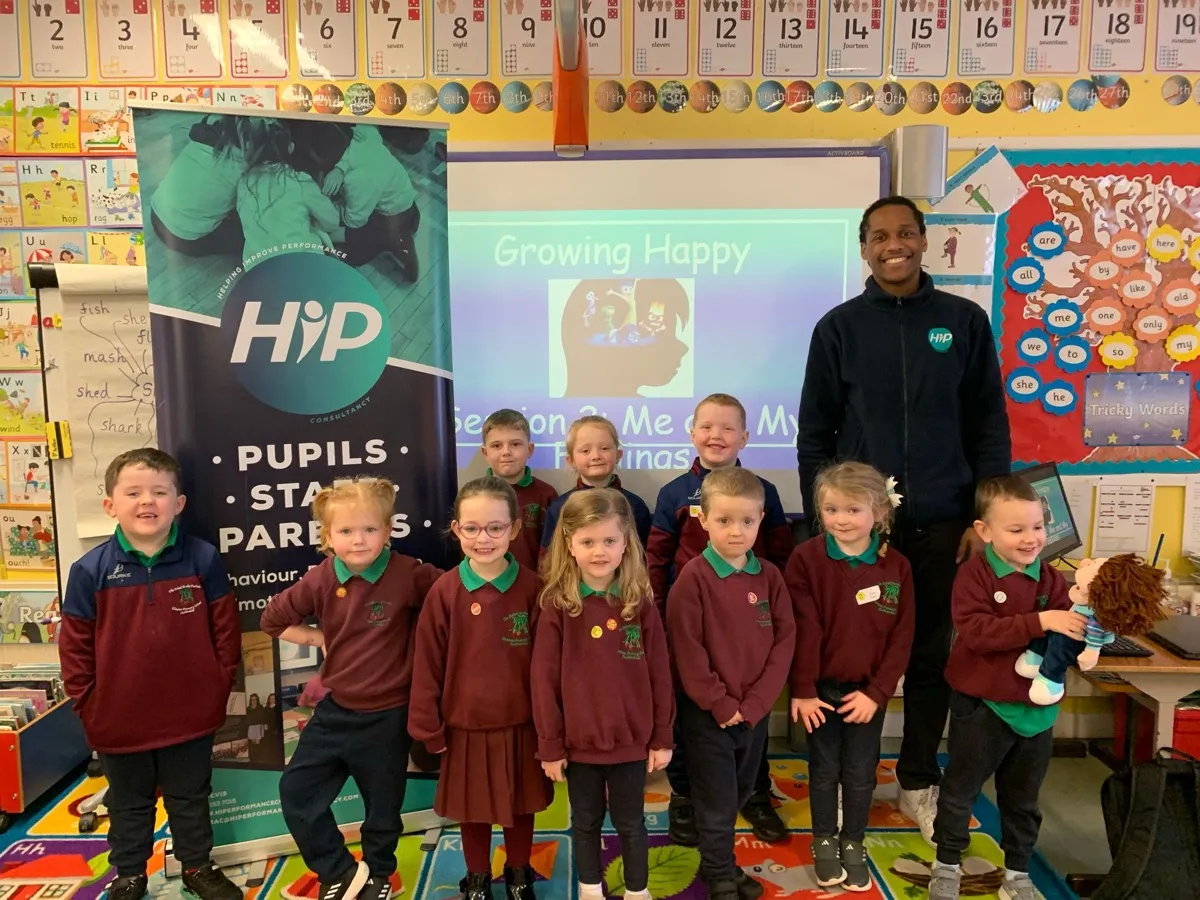 HIP Psychology facilitator with primary pupils after a school workshop