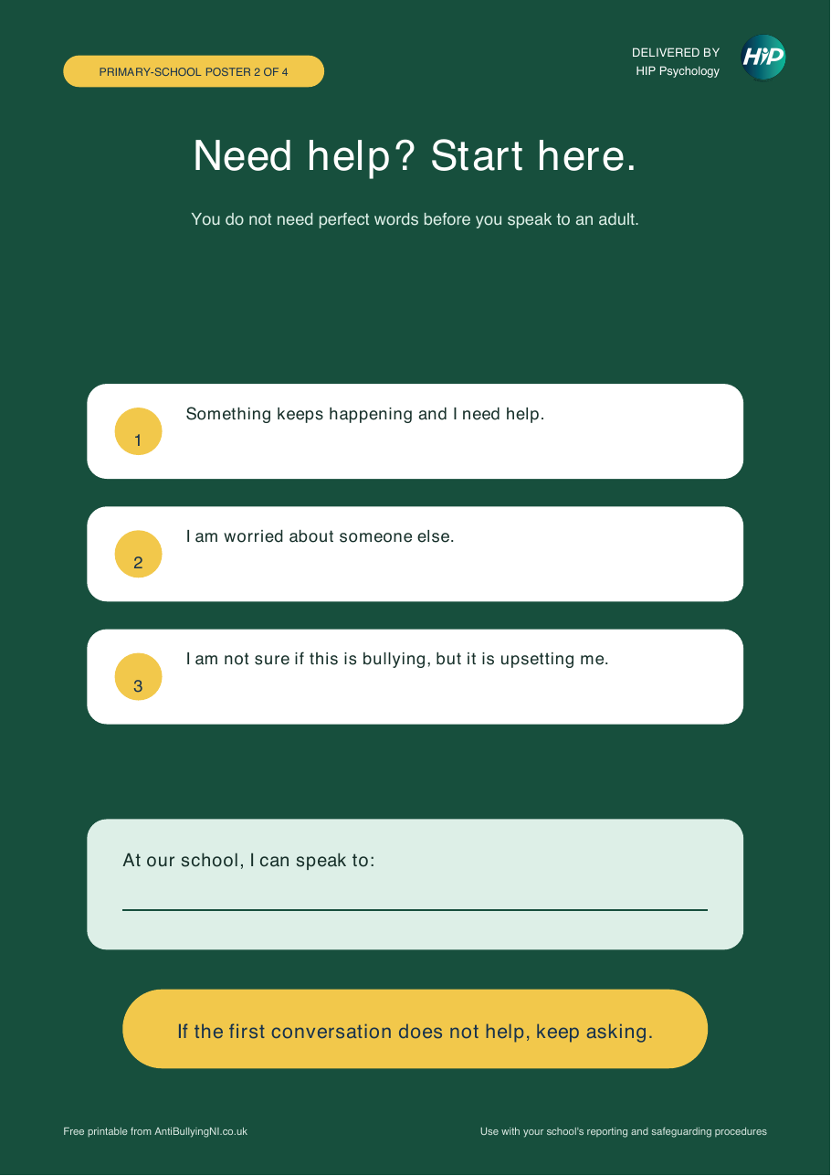 Printable primary-school poster with three phrases pupils can use to ask for help