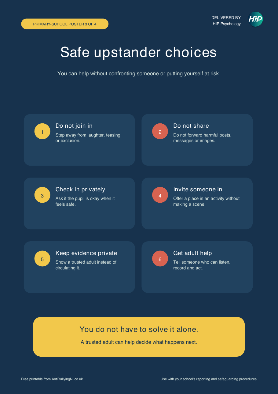 Printable primary-school poster showing six safe upstander choices