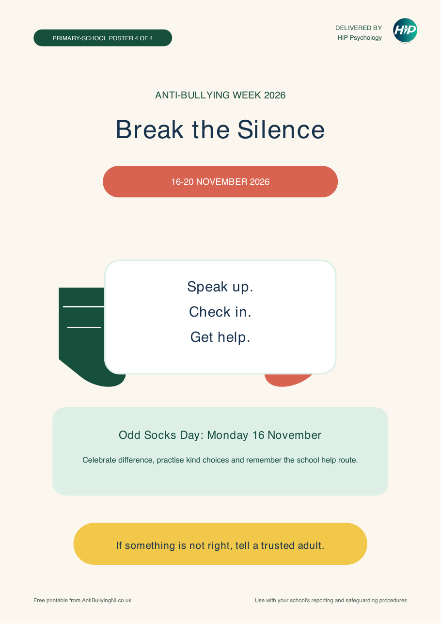 Anti-Bullying Week 2026 Break the Silence printable poster with dates and Odd Socks Day